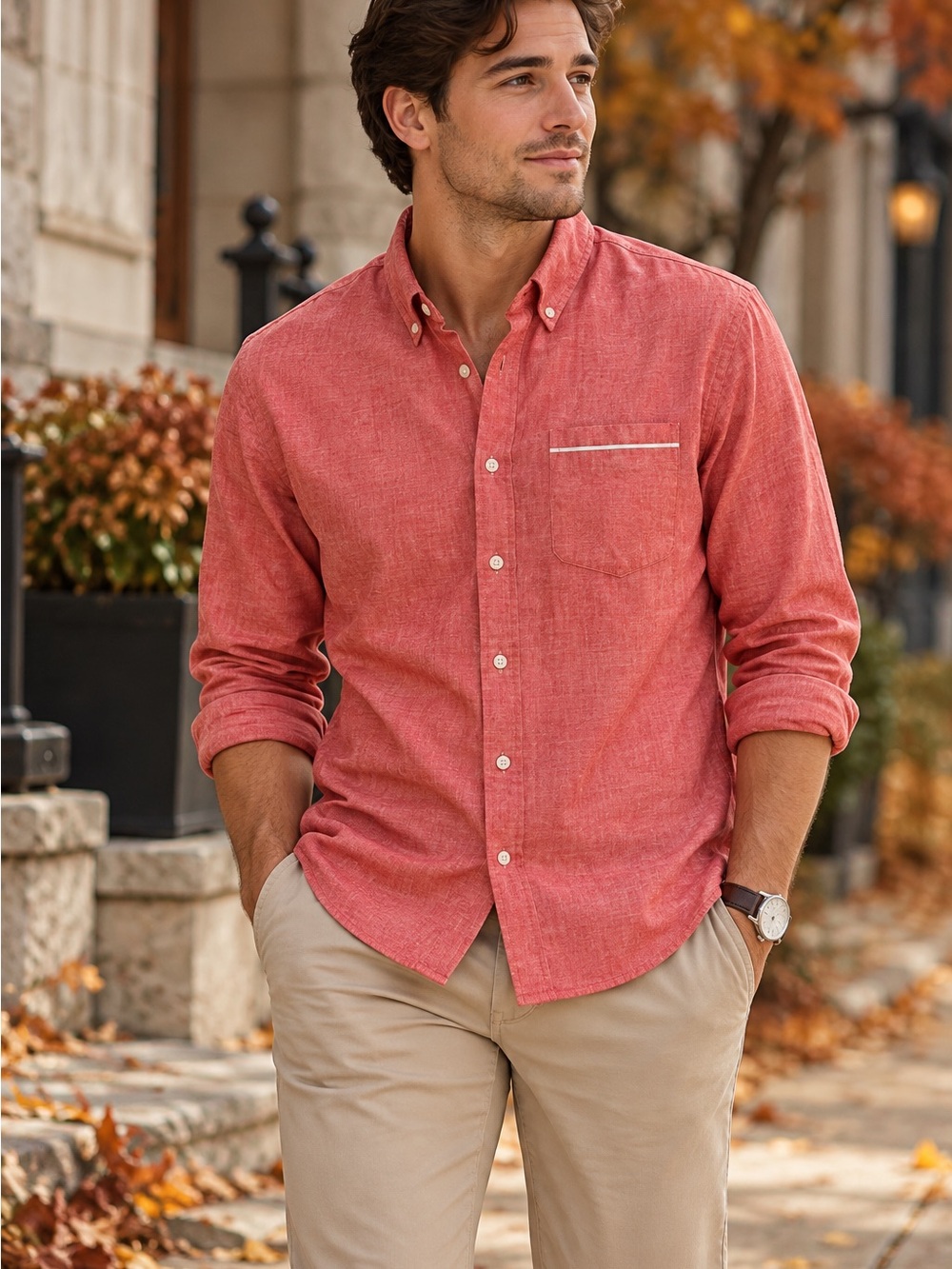 Grayers Men's Fall Outfit Coral Button-Down Long-Sleeve Shirt Casual Office Wear